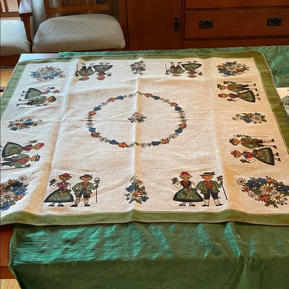 Vintage WEST GERMAN Folk Art Tablecloth with Green Border